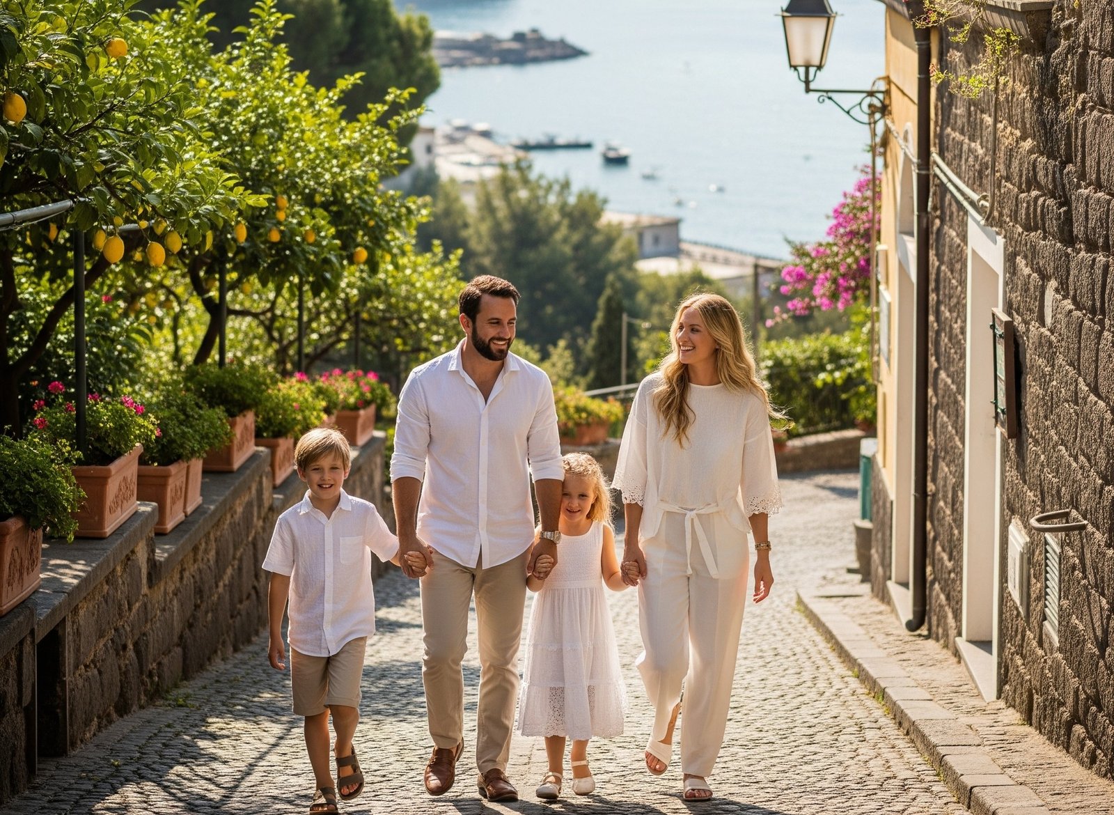 Smiling family exploring a cliffside village on the Amalfi Coast